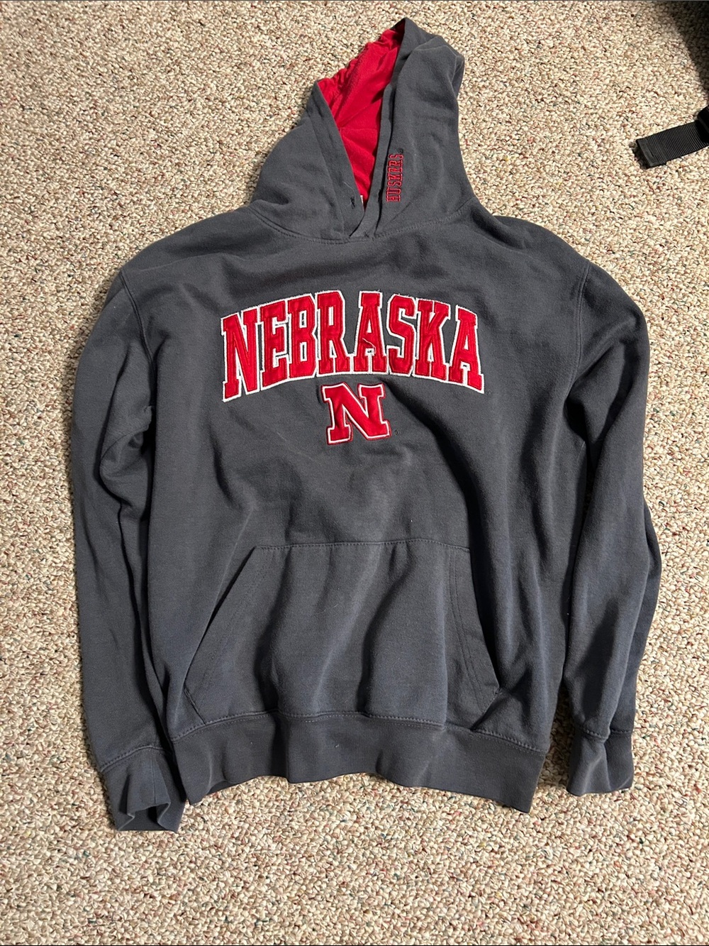 Stadium Athletics Gray Crewneck Hoodie with Red Nebraska Logo